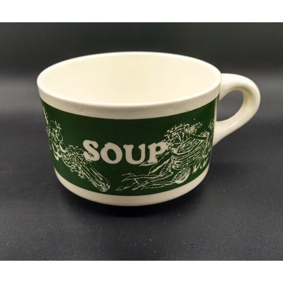 VTG USA Pottery Vegetable Soup Mug Bowl Green Transferware Handled Stoneware Cup - Picture 2 of 8